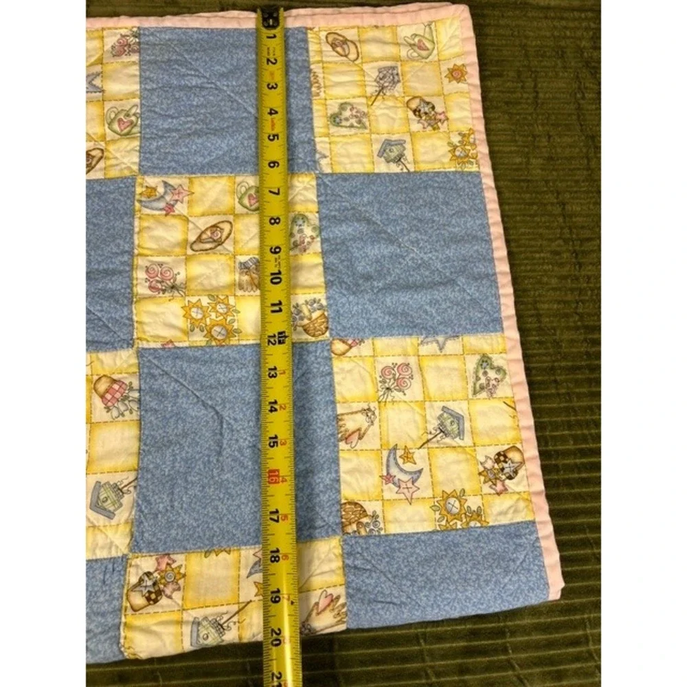 Handmade Patchwork Baby Quilt Birdhouse Garden Blue Pink 35x40 Nursery Blanket